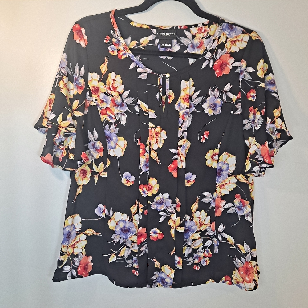 Liz Claiborne Career Black Floral Blouse Size Small
